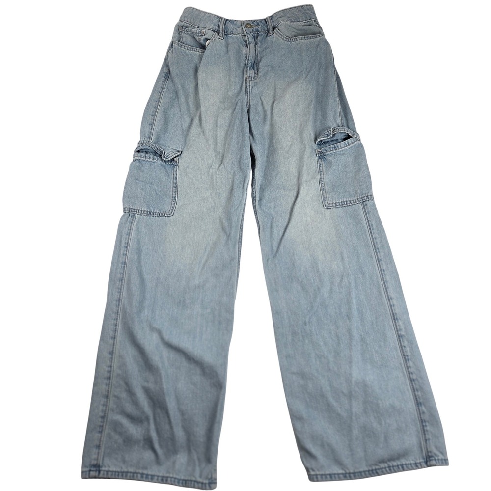 Hollister Highest-Rise Vintage Baggy Jeans Light Wash Denim Cargo Pockets 4R 90s